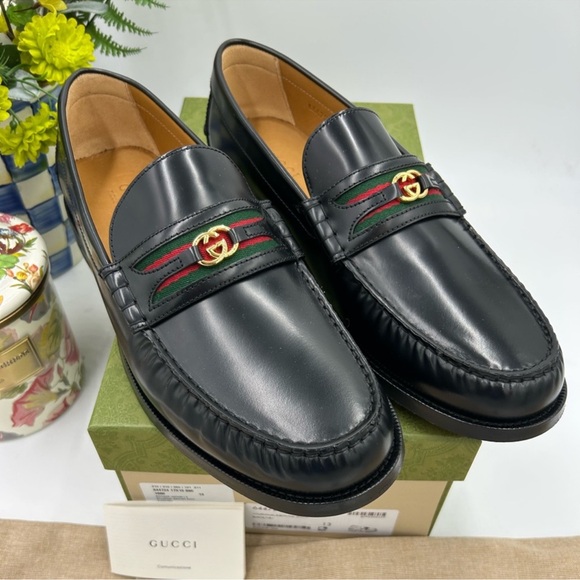 Men’s Gucci, black Kaveh interlocking G leather loafer size 13 made in Italy - Picture 1 of 12